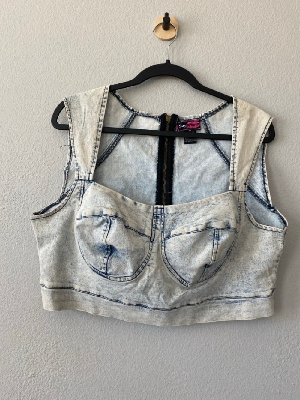 Say What Y2K Vintage Acid Wash Denim Bustier Crop Top 3X Back Zip 2000s Festival